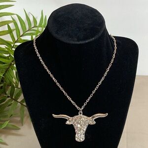 Rhinestone Longhorn Bull Head Skull Necklace Pendant With Earrings Set